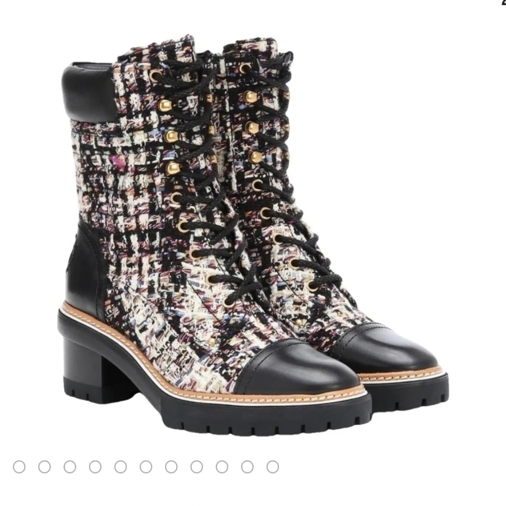 Tory Burch Black and Cream Tweed Lace Up Boots